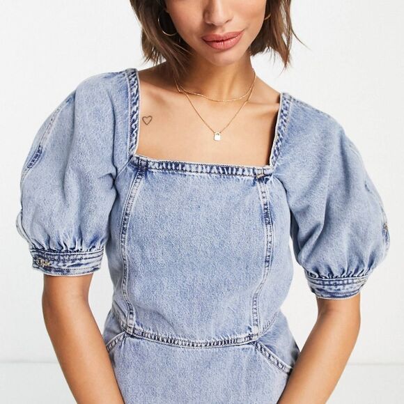 Mango Denim Dress Puff Sleeves New - Picture 3 of 8